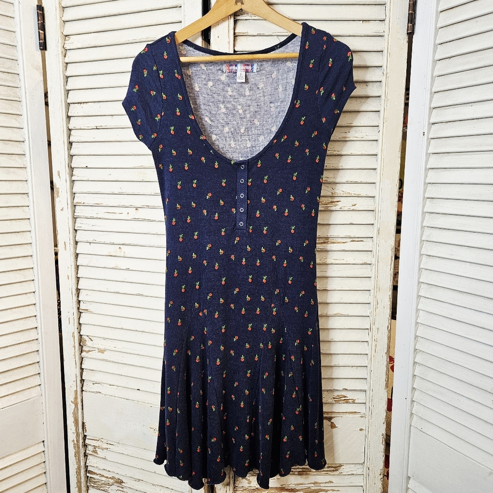 Urban Outfitters Navy Knit Dress With Strawberry Print Fit & Flare Mini Small